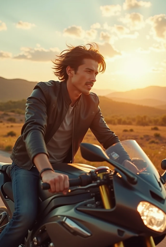 Shirtless and very sweaty boy riding on top of a powerful sport motorcycle 