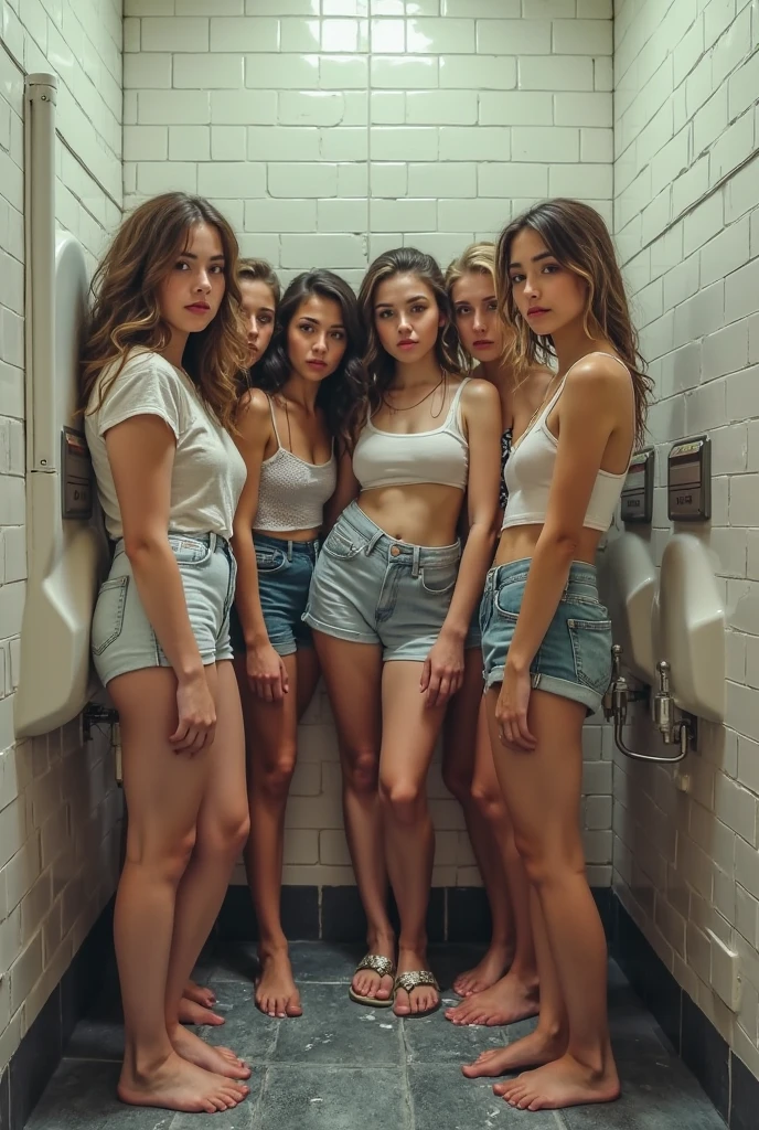 Teen girl, young and cute, shes in the audience of the school hallway, she is wearing an ultra small mini skirt, she is wearing a tight crop top, men surround her, clothed men encircle her, she is skinny and small, she is shy and nerdy