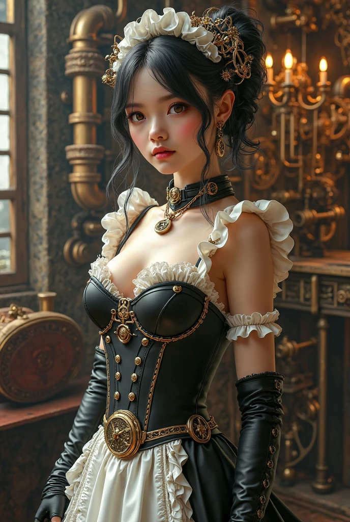 Mechanical girl, (((ultra realistic photo, deep field frequency))), (((Victorian rococo style, deteriorating and decaying and rusting, clothes shredded and torn, metal rusted, very overdone steampunk, goth and lolita, off-the-shoulder))), (((intricate mechanical wings))), very short bob with bangs, matted black hair, flared pleated miniskirt with lace and frills, ((best quality)), ((masterpiece)), cute and adorable, anatomically correct, deteriorating, rotting and rusting, clothes torn to shreds, rusted metal, background detail, organic, lots of gears, (((very dark dramatic film-like lighting, very dark ruins, deep depth of field))), (((very large slanted big eyes))), long eyelashes, thin nose, small mouth, beige lips, thin chin, clear white glossy skin, slender body, Creates a very realistic yet very dreamlike texture, immersing the viewer in a mesmerizing visual experience, very dramatically improved overall accuracy, beautifully rendered with striking contrast for visual impact, award winning, (((16K, UHD, top quality, masterpiece, highly detailed))).