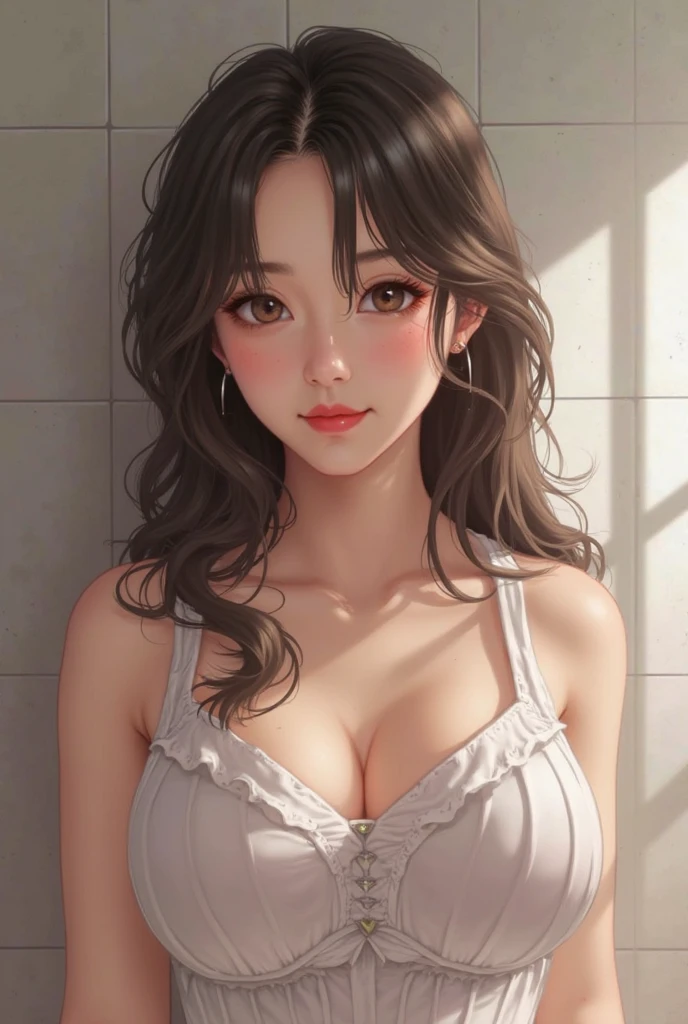 Masterpiece, Realistic Manhwa Art, A Korean girl, One Girl, Looking like an idol , Blushing Hard, Pouting cutely, Looking like she's trying to get someone attention, Eighteen plus years old girl, gyaru type, hot and attractive, big oppai, tall and curvy