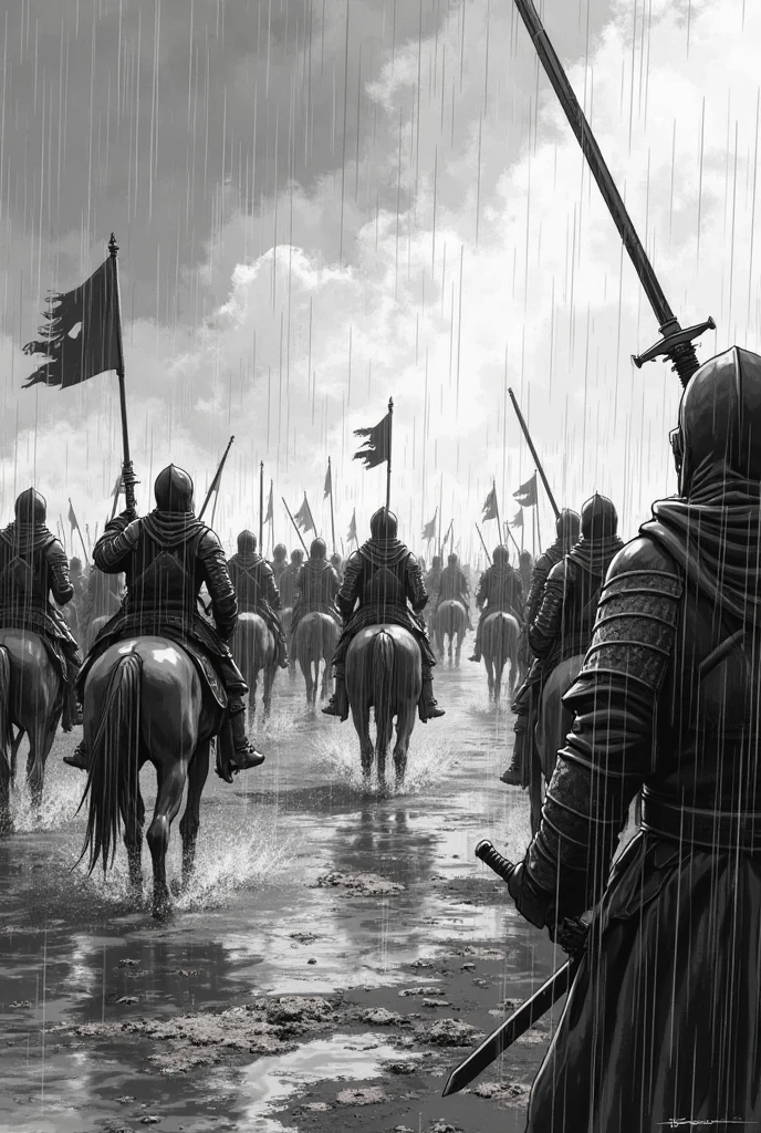 a group of men in armor walking down a street next to a line of wooden poles and gates with horses