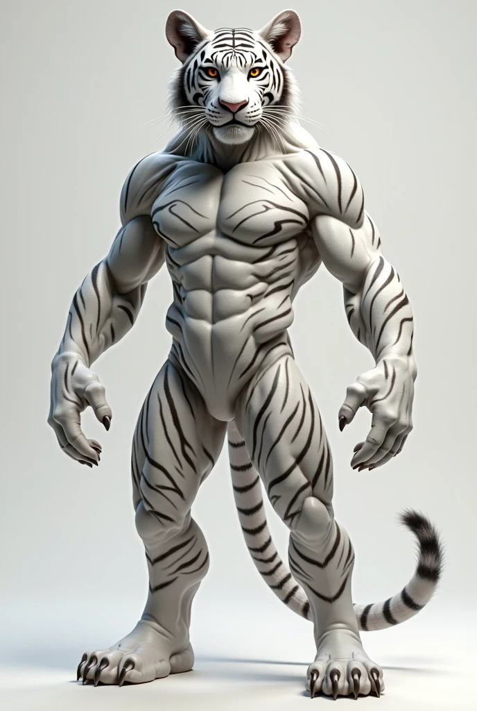 Furry art, white and light yellow tiger, full body, male, hand paws, tail, naked, barefoot, innocent look, smile, smiling, comic art style, hairy body, 8K, dynamic lighting, cute, green background.