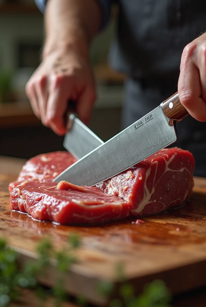 someone cutting a piece of meat on a cutting board with a knife, closeup of a butcher working, filleting technique, in a butcher shop, raw pork, beef, red meat shreds, meat with veins, eating meat, meat, steak, meat texture, chopping hands, butcher, meat veins, precision, juicy meat, ground red meat
