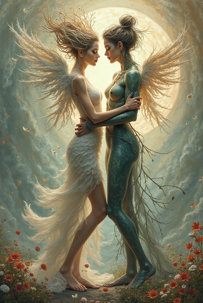 The design features a couple representing the elements of air and earth.
Feminine Figure (Earth): Representing the element of earth, the feminine figure is delicate, with characteristics reminiscent of vegetation. The predominant colors are greens and browns, with textures that evoke the stability and fertility of the earth.
Masculine Figure (Air): On the other side, the element of air is portrayed as an ethereal and fluid masculine figure, perhaps a winged entity or an abstract form that suggests movement. The dominant colors are light blue or white, with details resembling clouds or wind..