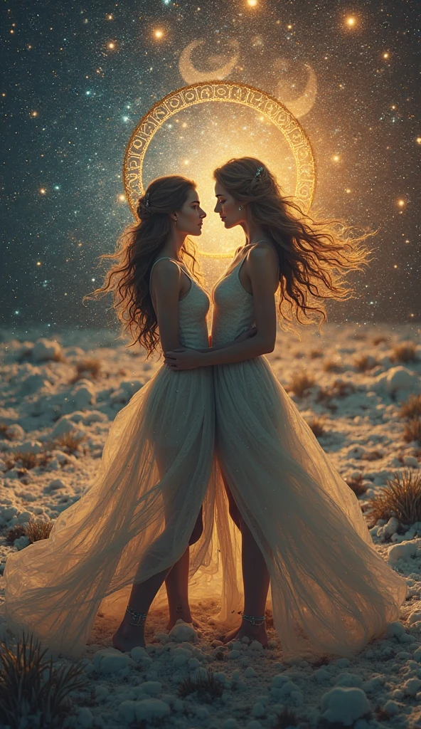 Design a sensual and intimate portrait of two lovers embracing passionately under starlight. Their bodies entwine softly, expressing genuine affection and connection. Delicate tendrils of golden light emanate from their touch points, symbolizing the warmth and intensity of their bond. Surrounding them is a celestial landscape filled with swirling galaxies, planets, and constellations, representing the vastness and mystery of love. Utilize subtle color gradients and soft focus techniques to evoke emotion and intimacy without crossing into  territory. (full body:1.5), enormous 