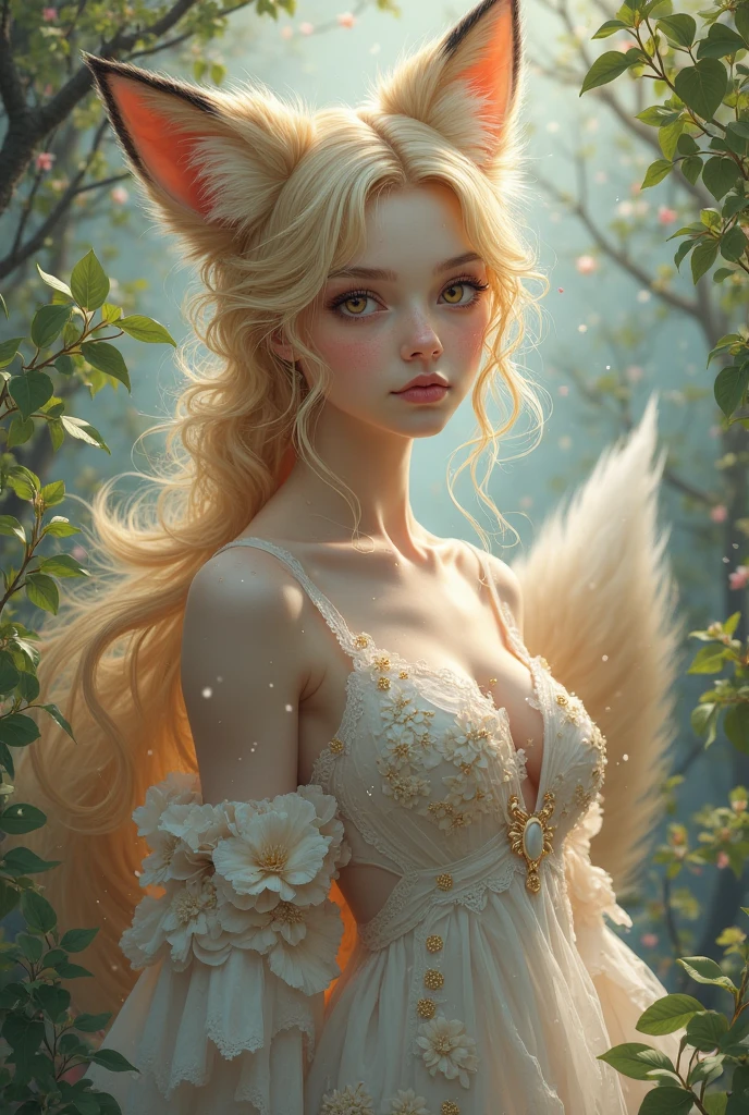 ((best quality)), an extremely delicate and beautiful, (a young woman:1.3) with (long blonde hair:1.1), wearing a (long flowing white dress),(yellow fox ears:1.2 and tail:1.2), (laying on:1.1) a (red roses:1.3), with thorns, manga art style