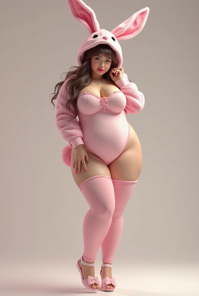 15 year old girl black hair tied back in a ponytail totally naked in her room bunny costume wide hips wide legs thin thin waist flat stomach full body naked knee high stockings high heels, Realism, hyperrealism, UHD, retina, masterpiece, accurate, Anatomically correct, textured skin, super detail, high details, high quality, award winning, best quality, highres, 1080P, HD, 4k, 8k, 16k