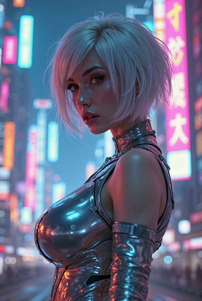 masterpiece, ethereal beauty, ethereal, cyberpunk, ultra realistic, woman 38 years, Like a Yael Shelbia, 3d, 3d rendering, porcelain, latex, Best quality, human anatomy, real hair, short hair, asymmetrical cut hair, moving hair, huge breasts, human anatomy, posing for photo, translucent, (ethereal, dreamlike), formidable, 8k wallpaper, --auto --s2