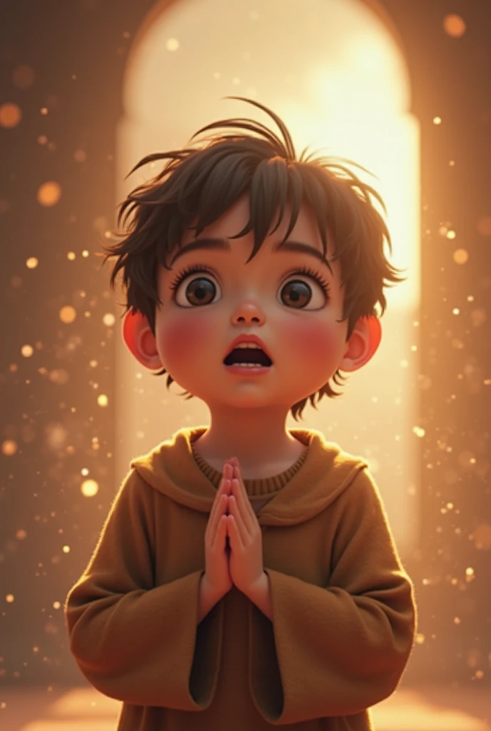 “An emotional scene with a soft, warm glow illuminating a serene background. A child, about , clasps his hands together in a moment of prayer, his face filled with innocent hope and trust. A gentle light from above subtly touches him, symbolizing divine presence. The background is tranquil, perhaps with a hint of nature, like a soft sunrise or a peaceful, slightly blurred church interior. The atmosphere conveys a deep sense of faith, love, and the comforting assurance that even in our darkest moments, God is near.”