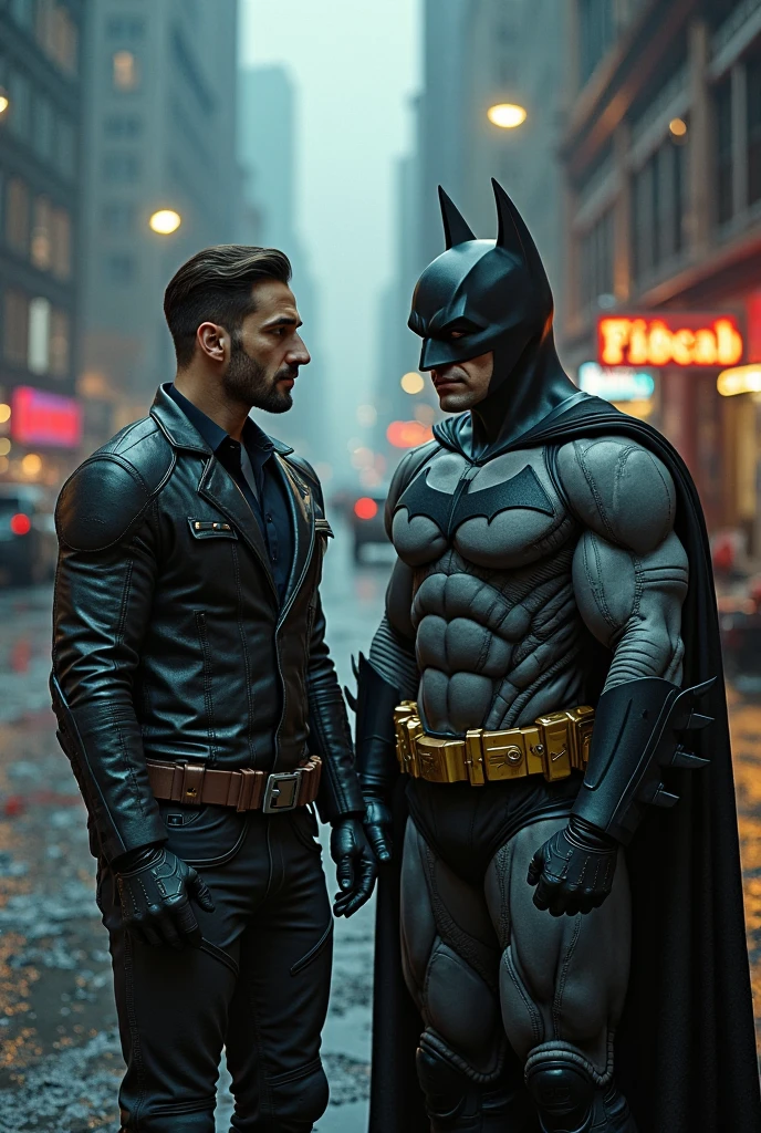 RAW full body photo, RAW photo, two charecters mid age 40 yo batman and robin MEN muscle, KISSING EACH OTHER, LOVE INTERACTION, bearded, wearing a jockstrap with a bulge, leather bdsm gears, harness, collar, chains, flerty face (rainy cyberpunk gothan city the background), (high detailed skin:1.2), 8k uhd, dslr, soft lighting, high quality, film grain, Fujifilm XT3, full body, ground view , super detail, showing very hairy pubs groin area, showing hairy armpits, bulge, leather boots, epic realistic, photo, faded, neutral colors, ((((hdr)))), muted colors, intricate scene, artstation, intricate details, vignette.Surrealism, high detail, ray tracing, drop shadow, speed lines, vanishing point, UHD, retina, masterpiece, award winning, 8k, best quality, high details