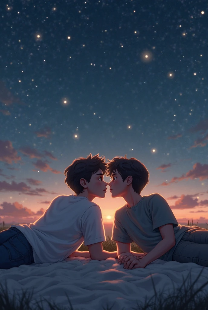 2boys, male focus, boys, yaoi, imminent kiss, looking at another, smile, short hair, black hair, closed eyes, brown hair, blue eyes, shirt, lens flare, sky, cloud, blue sky, sweat, best quality, amazing quality, best aesthetic, absurdres, year 2023