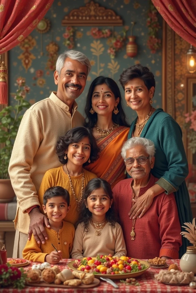 Bengali father wearing Panjabi kurta & spects on his eyes with his beautiful Bengali wife wearing saree, with their children at Durga puja festival enjoying 