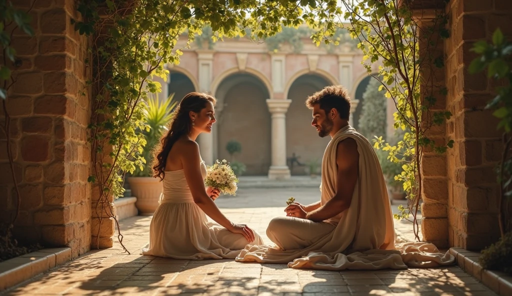 An indigenous man with a Peruvian appearance and short bowl-cut hair kneeling beside a sweet European woman of royalty with long blonde hair.