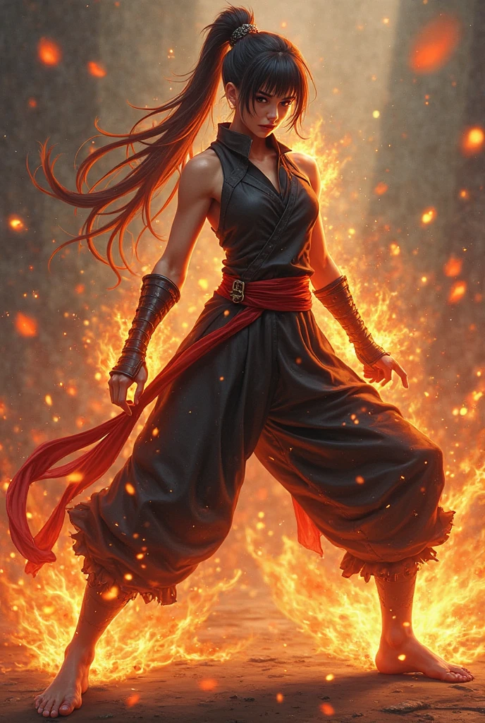 fullbody view, female, green eyes, black hair tied to a bun, strapless full dress, red scarf around her neck, flowy arm sleeves, silk gloves, a fabric is wrapped around her waist