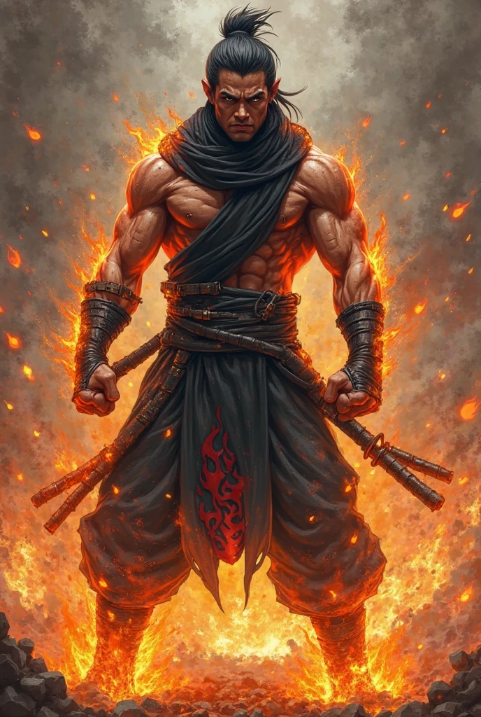 Create an outfit based on the Blood Legend avatar, where the character is a firebending man, something that conveys power but the clothes should be simple with accessories in plain color