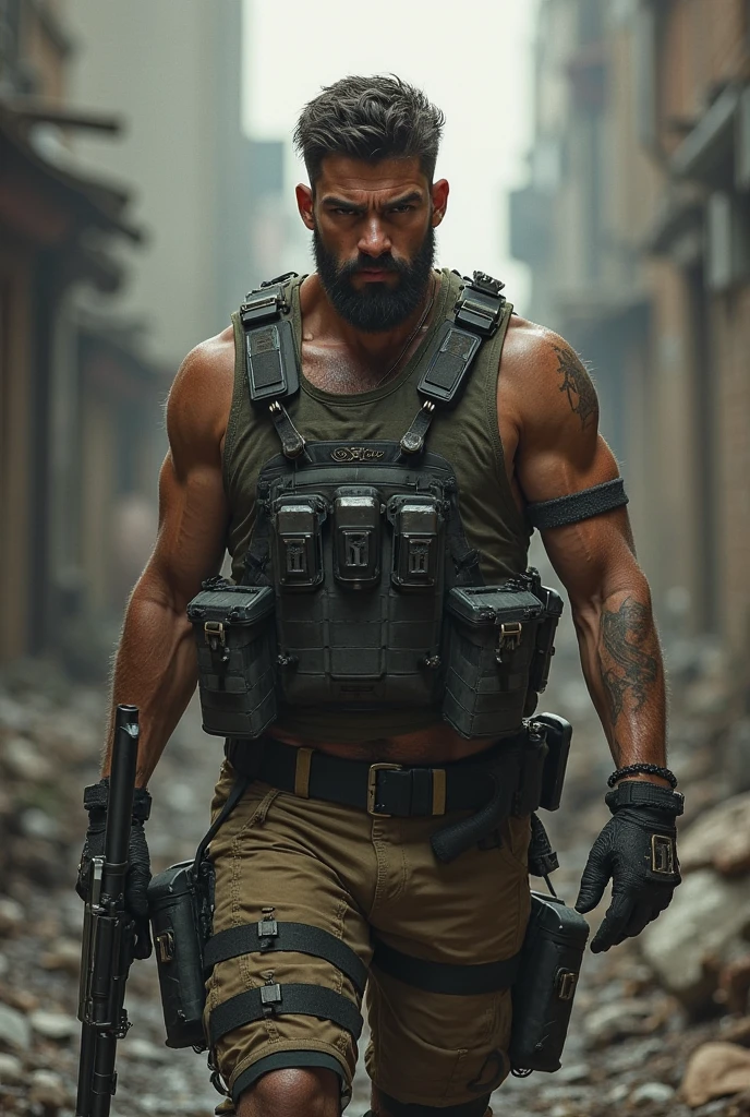 buzz cut, beard, looking at viewer, realistic eyes, black, very dark skin, manly, muscular, bara, abs, tactical vest, camouflage pants, fingerless gloves, tattoo, outdoors, destroyed city, post apocalyptic, | (masterpiece, best quality:1.2), solo, retina, UHD, anatomically correct, textured skin, super detail, high details, high quality, award winning, best quality, highres, 16k, realistic, cinematic lighting, soft shadow, insane detail, detailed background, professional photography, depth of field, intricate, detailed face, subsurface scattering,