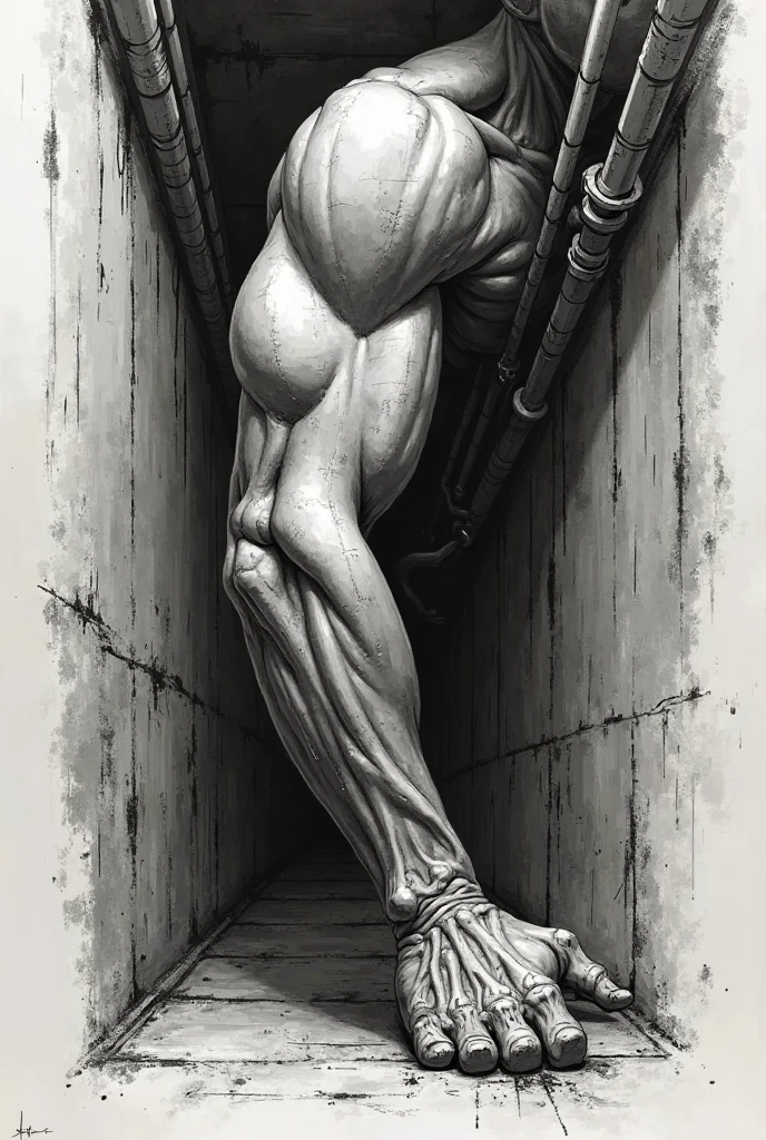 A nude angry faceless man
inside a picture frame
drawing his own path
using a gigantic pencil
