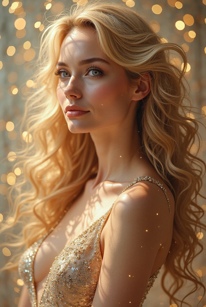 "Create a detailed work of art featuring a stunning woman with a perfect face, her lightly tanned skin with a pearlescent glow. Her eyes are clear and crisp, framed by meticulously detailed eyebrows and long, lush lashes. Her lips are plump and glossy, highlighted with lip gloss and mascara. Her flowing hair shines with colorful, iridescent shine, cascading gracefully. iridescent splashes of light. Her entire body radiates elegance, embodying the grace of a beauty queen. She stands in a bright and opulent ballroom, surrounded by vibrant flowers.