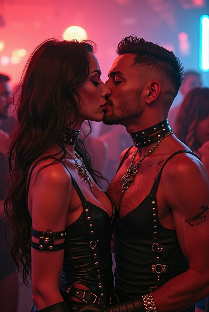 Ultra HD resolution,artistic photos, Professional erotic Photography,((21 year very sexy super model with an Arabic man dancing in a club, long brunette hair, big breasts:1.2, wearing very sexy form fitting sequinned black short dress)) exposed cleavage, cold white ultra realistic skin, with an Arabic man,((dancing in club with an Arabic man, smiling at viewer, natural red lips, attention to detail.