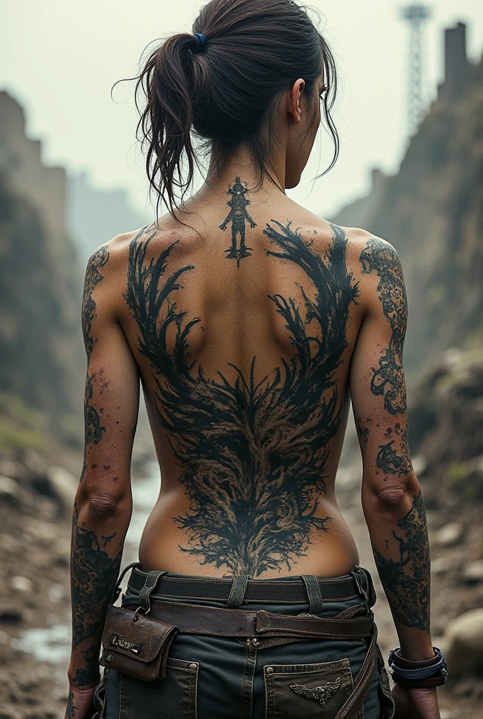 Caucasian woman with short hair down to her shoulders facing away, usando uma camisa grande branca, calsinha preta e sapato branco segurando uma espada cheia de sangue , with tattoo on arm in a dark forest
