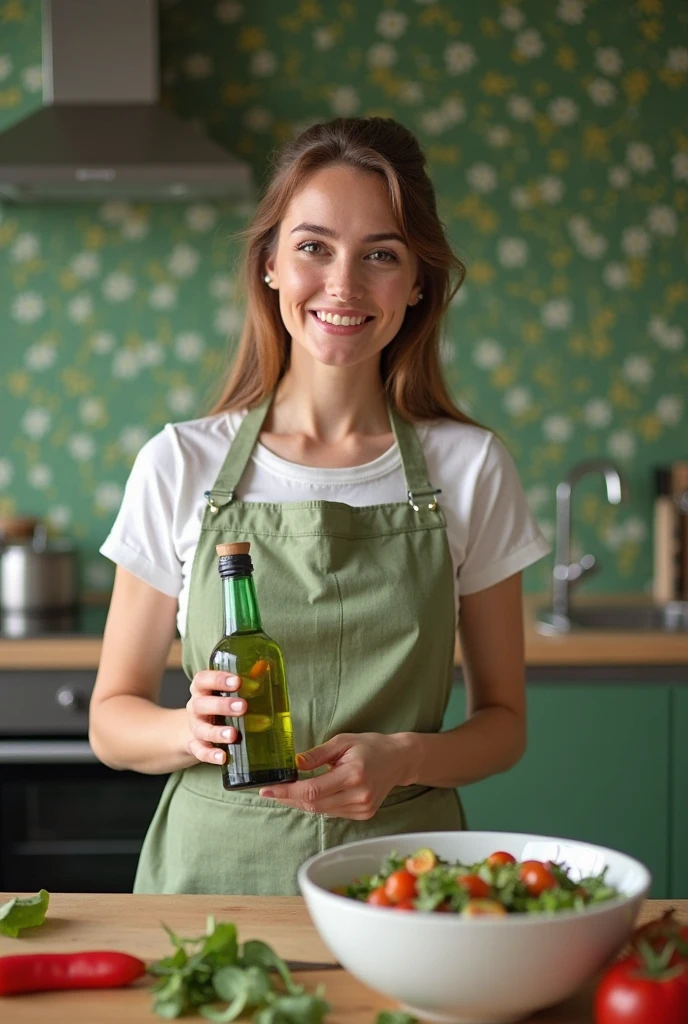 woman with bottle of olive oil with a spoon