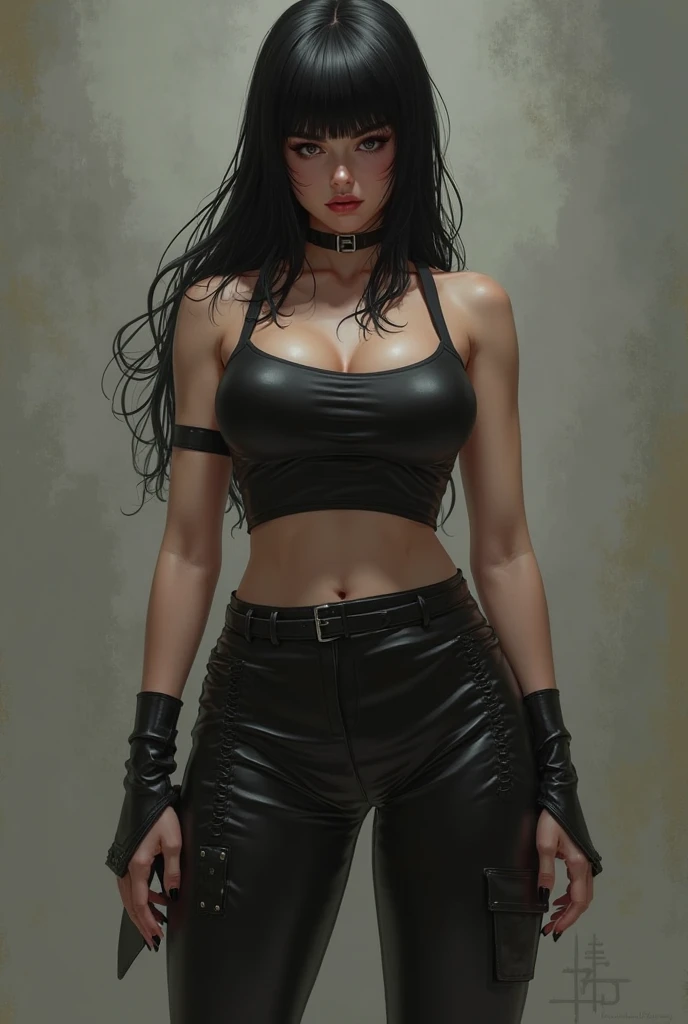 uma menina sit, wearring a black crop top, (short), pants, long straight black hair, earings, rings, uncontrasted, plain background, 30 years old, latina face, brown skin, large body, chubby, fat, glamour, make up, Lips are soft or colored, silhuetas simples, provocador, bashful, sexy, erotic, (((black string spider web mask)))