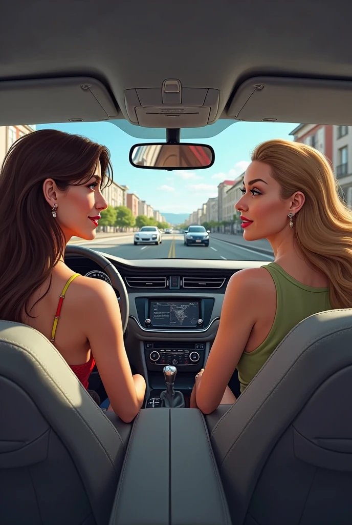 realistic illustration, sunset, cyberpunk city, (hip hop style), intricate details, cinematic, (in a car), (limo interior), (woman), (car window looking out with city view), (in a car looking out)