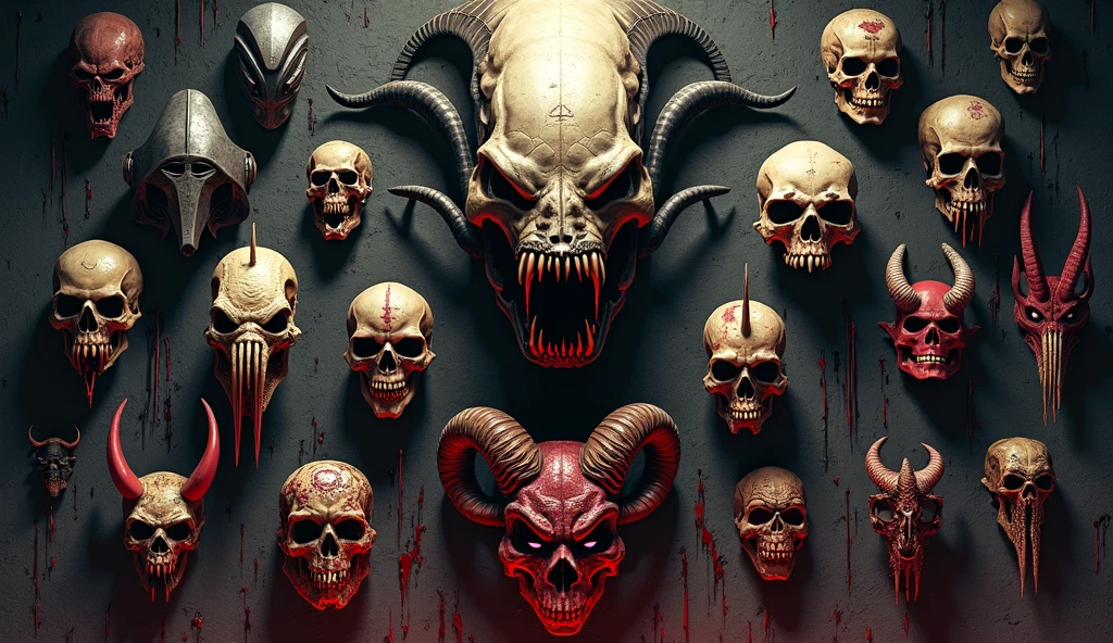 Demon man with angry face, skulls and blood