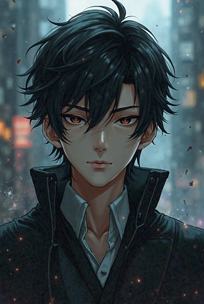 Handsome, solo, 1 male, black hair with smoke gray hairtips, brown eyes, black shirt, black and white hooded, smoking, night, black light