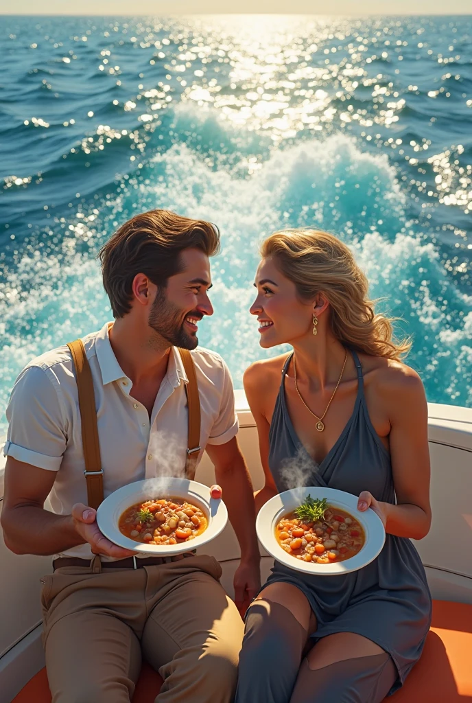 Realistic Man and Girlfriend 25-35 years old, On the Caribbean boat, black hair, brown eyes, eating açaí , with friends Ultra HD, high qualiy, best qualityer, high resolution, 8k, 16K
