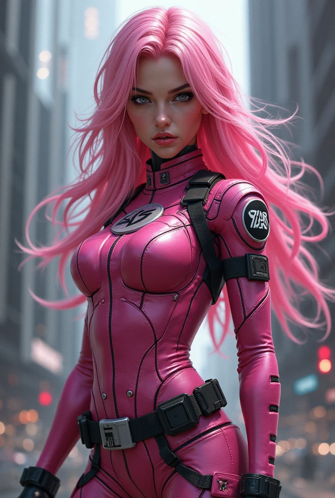 Creates the image of a woman with extraordinary beauty, She has long, bright pink, flowing hair, is standing in front of a battle tank with tracked wheels and some pink details, has dark eyes and a slightly fleshy mouth. She wears a long, tight-fitting black jumpsuit., the jumpsuit has a label with your name written “THAY” on the left chest. high resolution, ultra HD, 品質, high qualiy, High details, disney pixar model image