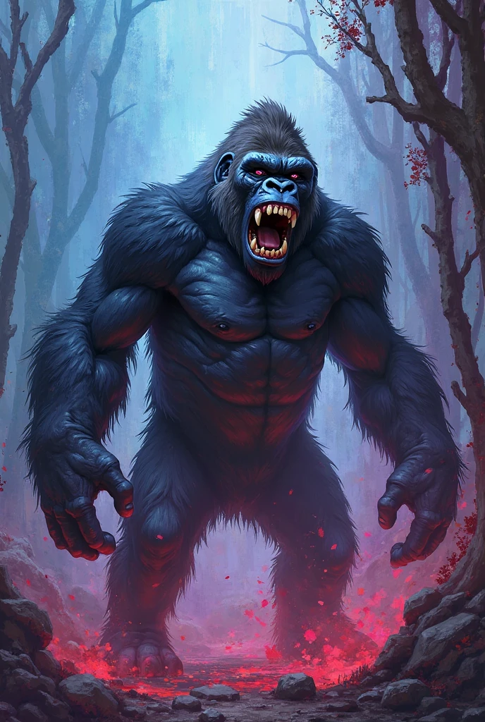 (photorealism:1.2), Demonic giant gorilla with red eyes,with guts in his hands , In the darkness of the night, in the jungle, with a mark on his arm that says TERROR MG