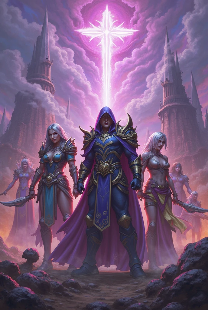 Create an image showing a Templar assassin protecting a submissive blonde woman from Sarradines.