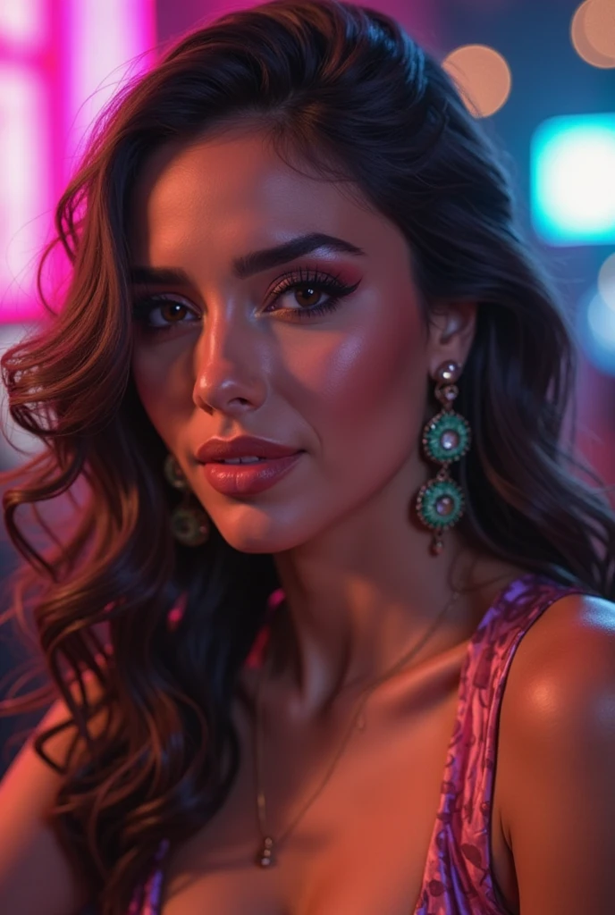 A half body of woman in a bright colourful bra top and hipster type panties (((straight standing))) posing for a perfect loop lighting photoshoot, light colourful bra, ((((((solo)))))), ((((((1girl)))))), ((looking at camera)), lacey, posing in bra, gorgeous woman, cleavage, wavy lingeries, angela white, jaw-dropping beauty, wearing bra, (cinematic realistic Dazzling Lights background behind her), curvy model, sexy push up bras, attractive girl, (((big breasts))), busty, with large breasts, attractive woman, jaw dropping beauty, (long wavy hair), (((big body shape))), ((Dazzling Lights)), ((wearing a BodySuit with sleeves)), (dramatic lighting), (sharp focus), (intricate), fashion, realistic skin texture, ((perfect anatomy)), ((detailed face:1.2)), ((detailed facial features)), (finely detailed skin), masterpiece), (perfect proportion), (realistic photo), (best quality: 1.6), (detailed),