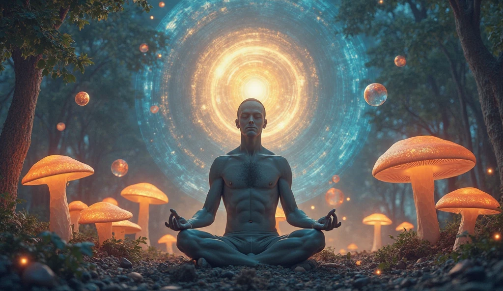 I would like the silhouette of a person in a state of meditation. A subtle light comes out of his chest, drawing the shape of the kundalini energy. The background of the image should be very calm, a starry night. In the corner of the image, two beautiful mushrooms intertwined. These mushrooms have many colors, evoking a psychedelic trip.