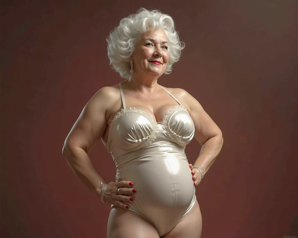 full body shot from behind, an American woman, 87 years old, wearing sexy lingerie, smiling, beautiful hair.