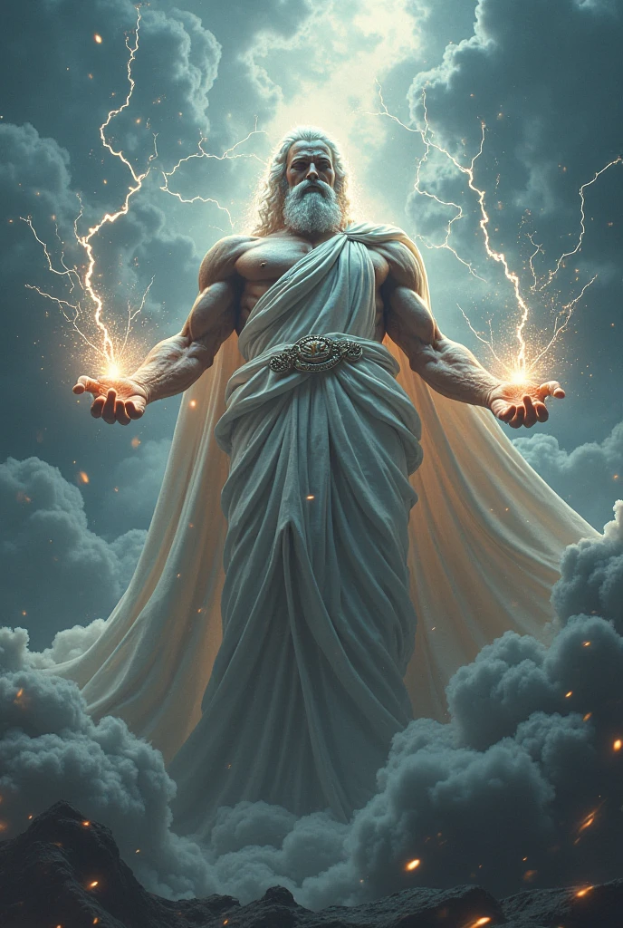 Super strong Zeus, with one hand extended to the sky , thunder around him