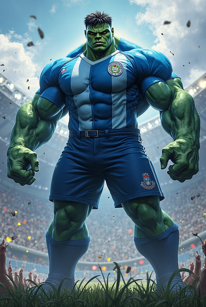 Hulk, the Marvel character dressed as a soccer player in a green uniform with his hands covering his face with sadness and concern because he lost a game