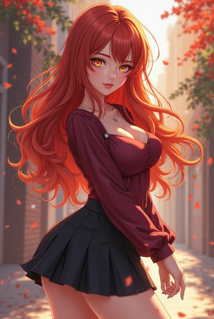 (best quality, ultra-detailed, photorealistic: 1.39), bright and vibrant colors, studio lighting, romantic expression, An effeminate girl, with a delicate and beautiful face. a beautiful dark skin tanned woman, has sparkling purple eyes, has voluminous curly red hair, medium breasts, wearing a black strapless blouse, long sleeves, pleated skirt, plaid socks, she is in the garden, she is in a beautiful pose showing your love, she is in love, anime style, Anime Bishoujo