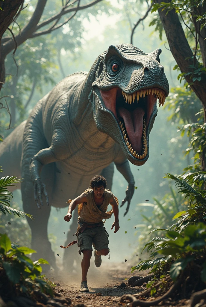 A human trying to escape from a spinosaurus