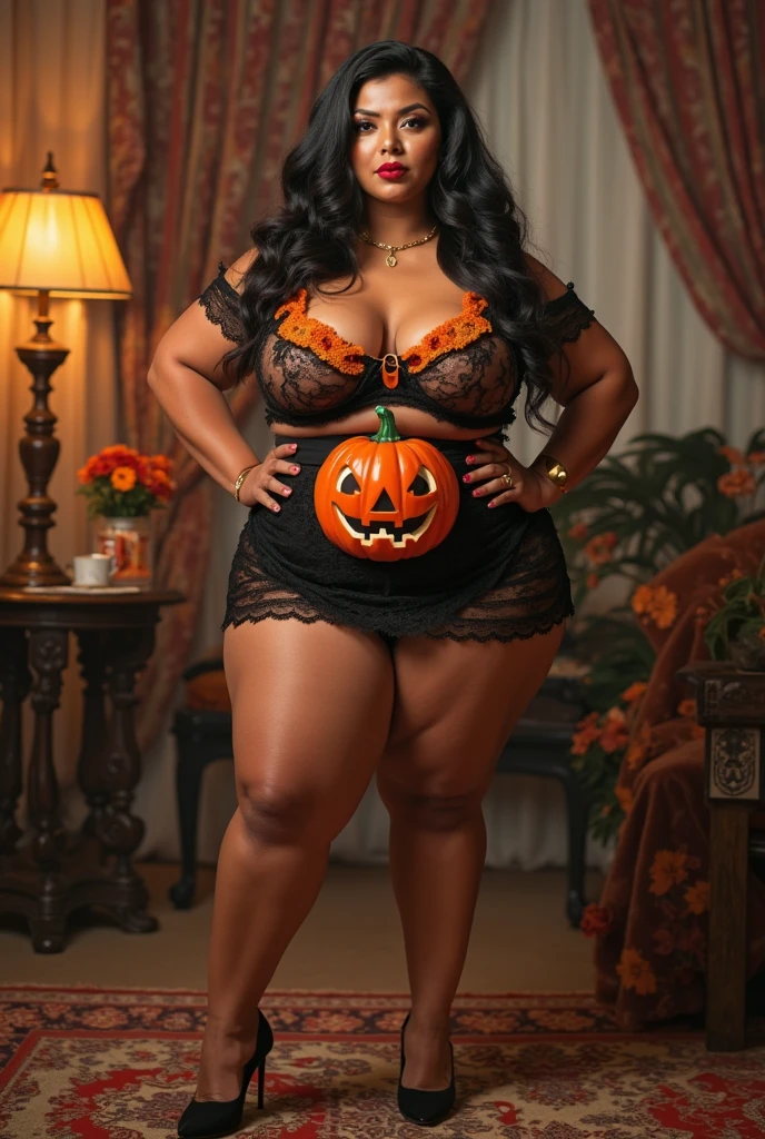 A short sexy fat voluptuous aged mature obese witch with small tiny breasts, wearing lingerie, standing in a pumpkin patch at night, surrounded by jack-o-lanterns. Her stomach is badly scarred, Her skin has a lot of freckles and moles.