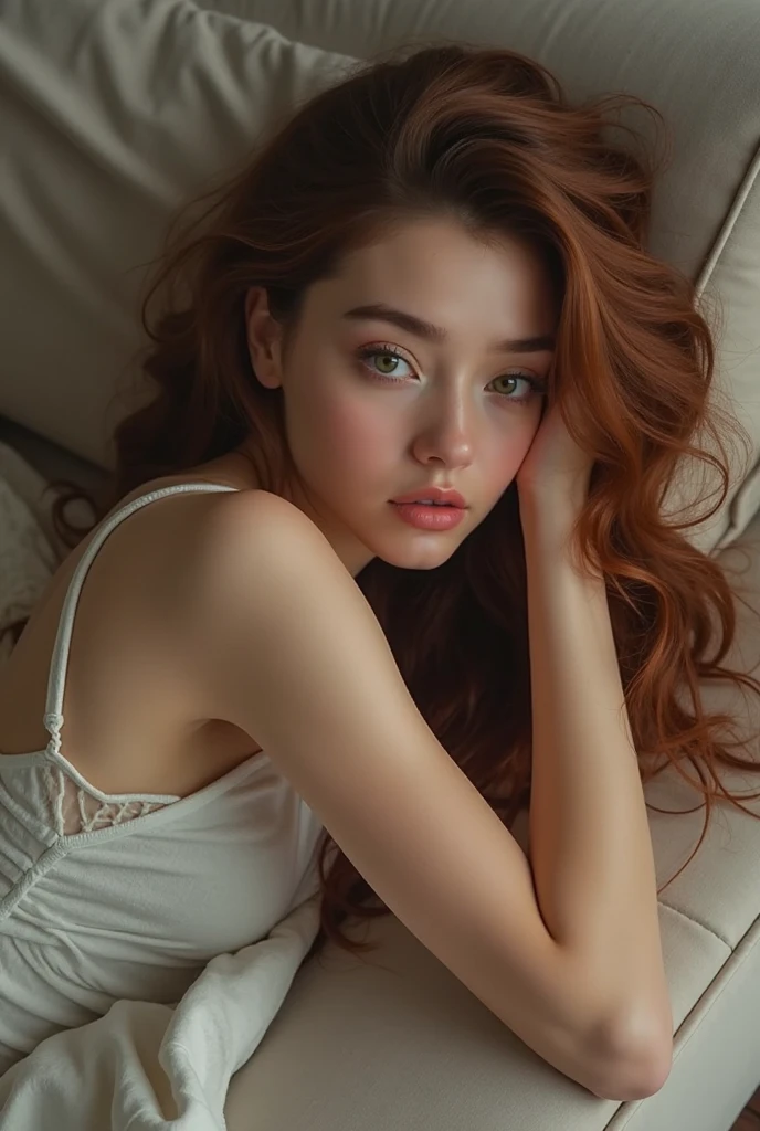 Beautiful redhead girl with brown eyes and long hair wearing sensual pink underwear lying on a bed in an apartment photo shoot at sunrise
