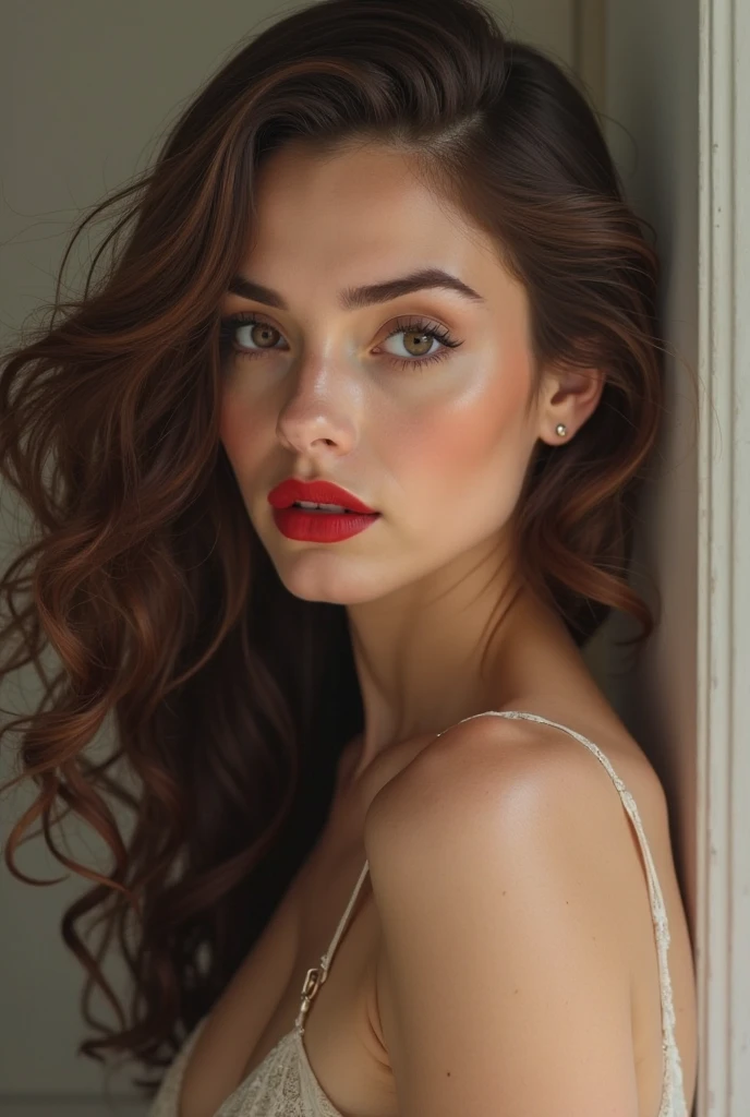 super realistic 8k super detailed face big red lips big pumped lips plastic surgery lips lots red lipstick sexy lips super deep cleavage sexy breast