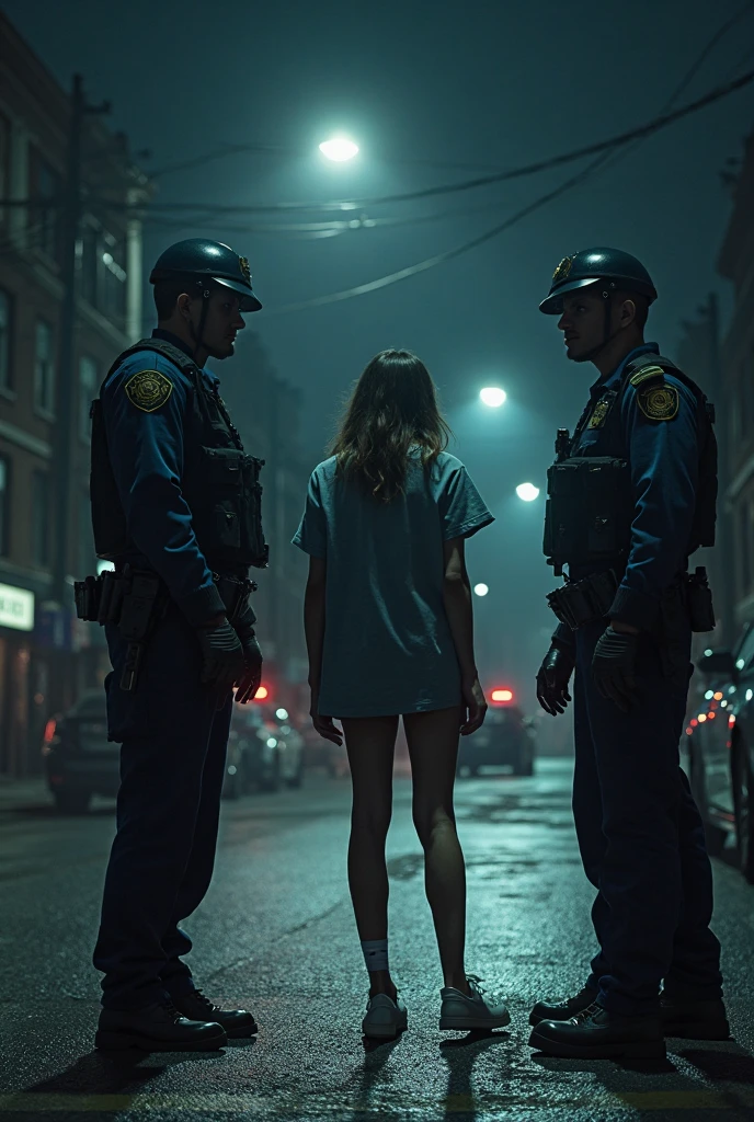 a young girl. She is surrounded by two men on a street. There are no more people. She is not dressed from the waist up. She is naked from the waist up. She is wearing only a miniskirt. She wears high-heeled bracelet shoes. She is seen from the front and full body. She is pretty and has a good body. His face reflects fear. 