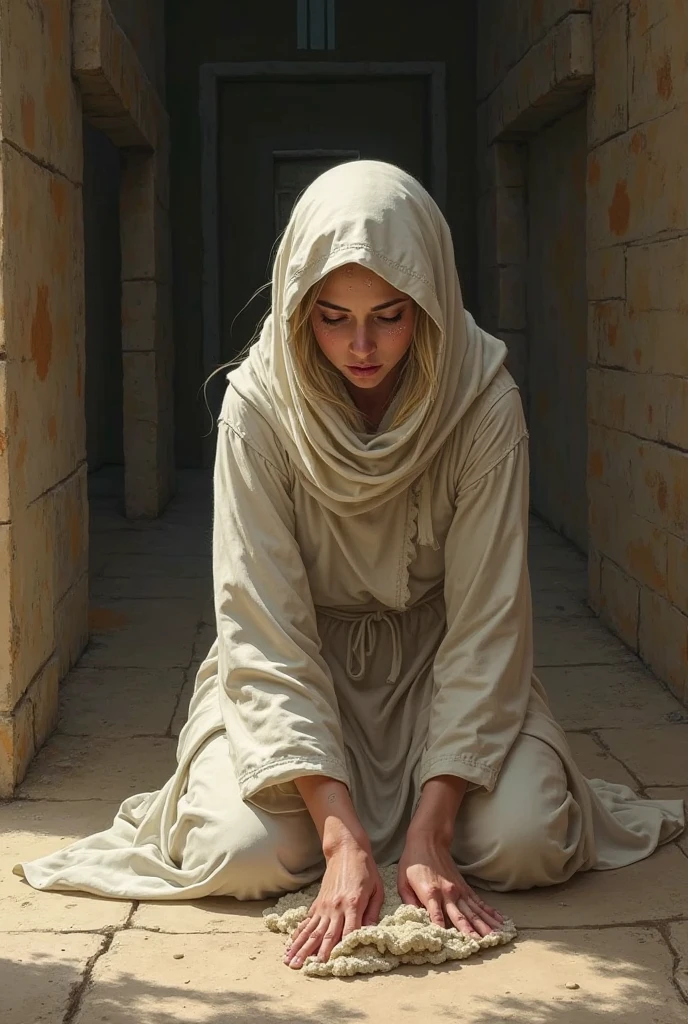 crying girl sitting on mosque , her hands covering her face and eyes, her face not visible, her expression sad. wearing a hijab, polite Islamic clothing covering all her legs, no . realistic, vector art, full body, perfect finger details, 