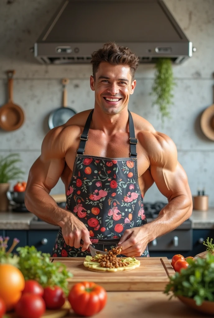 photorealistic, best quality, masterpiece, extremely detailed, sexy, homoerotic, extremely handsome, 30 year old muscular vietnamese man, muscular, (laughing out loud), wearing only apron, in kitchen, toasted bread pops out of a toaster, almost catches the bread in mid air, extremely romantic atmosphere, perfect face, perfect fingers, perfect hands, perfection