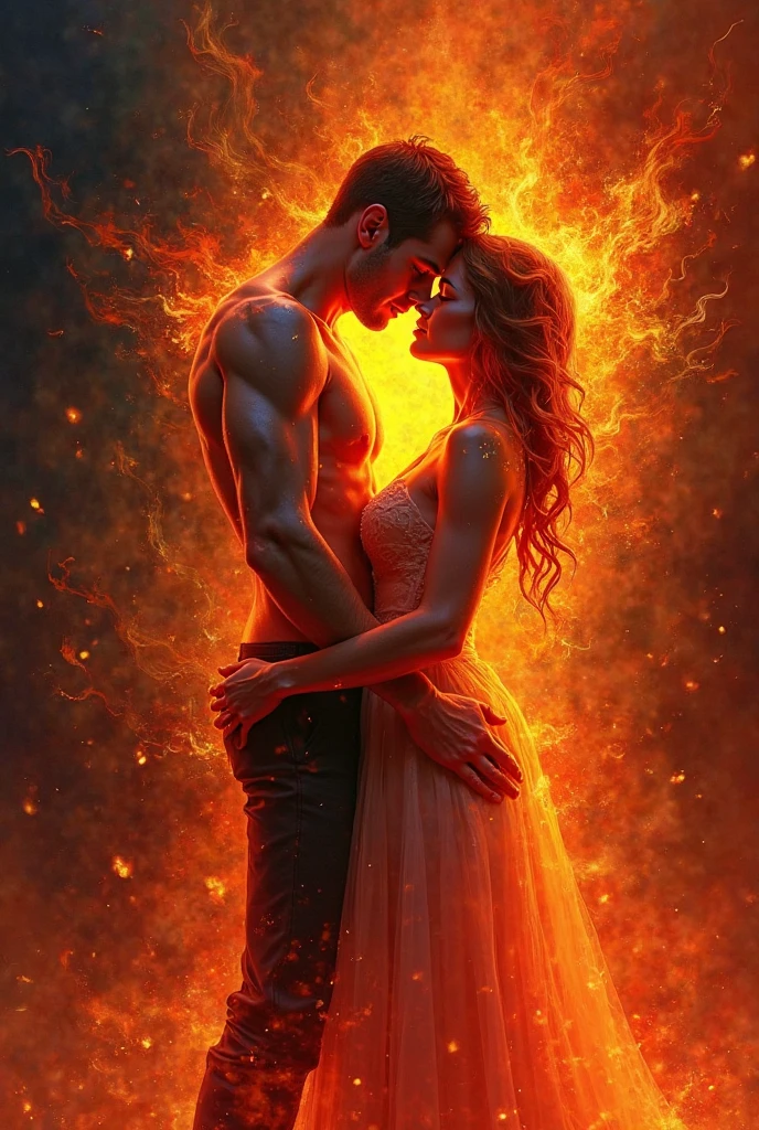 a couple is hugging each other in a fiery fire, engulfed in swirling flames, concept art of love, beautiful gemini good and evil, gorgeous art, energy flows of water and fire, holy flame spell, amazing art, facing each other, beautiful art, the lovers, lovers, orange fire/blue ice duality!, by Marie Bashkirtseff, (Masterpiece:1.3), (best quality:1.3),