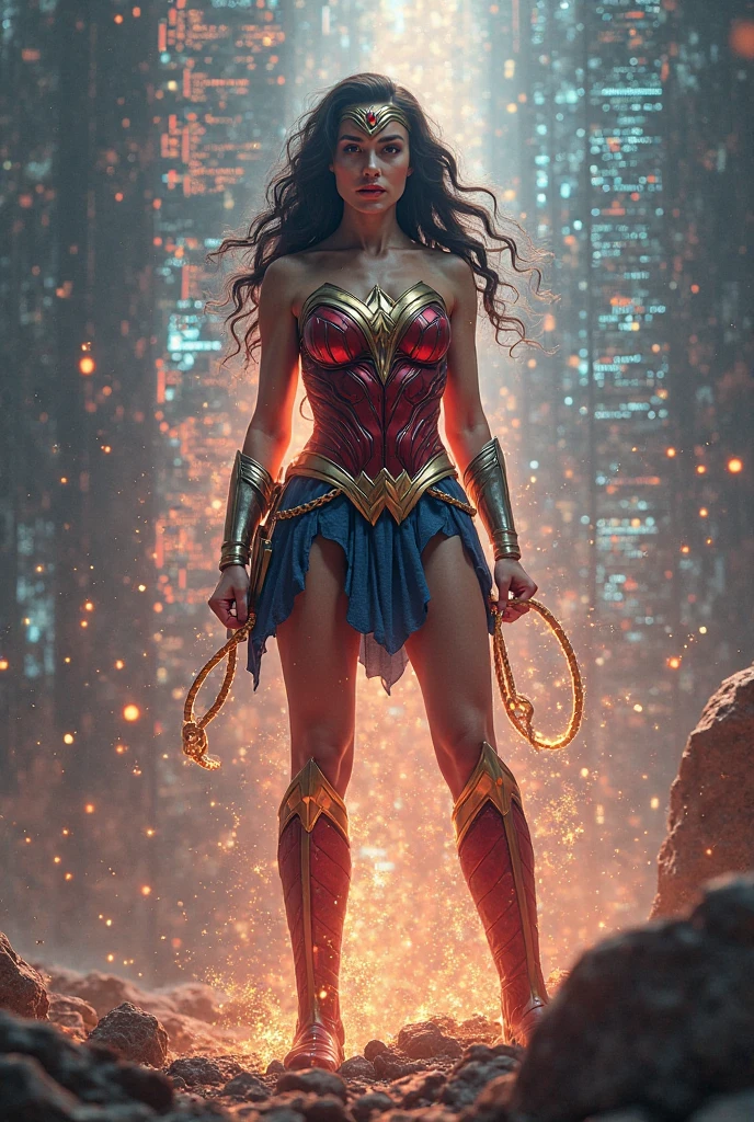 Photorealistic, beautiful lighting, top quality, realistic, An exciting full-body fusion between Sailor Moon and Wonder Woman, resulting in a new character that embodies elements of both. The new figure should sport the distinctive Sailor Moon helmet, capturing its metallic texture and imposing appearance, while also wearing the Infinity Gauntlet on one hand, showcasing its stunning gemstones and intricate design. The rest of the physique could blend the iconic blue and red attire of Wonder Woman with the graceful and elegant new superheroine from Sailor Moon, shot with a Fujifilm XT3, outdoors in clear daylight, under beautiful lighting conditions. Photo captured in RAW format at 8K UHD resolution, incorporating the grain of film for added authenticity and featuring a pronounced bokeh effect.
