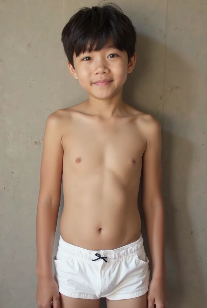 boy 12 years old, thin., clear contours, Very good, Cute, in short swimming trunks