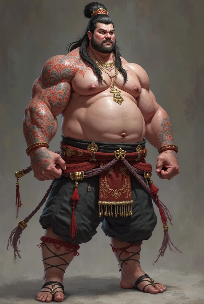 A fat monk, with thinning hair, covered in tattoos all over his body.